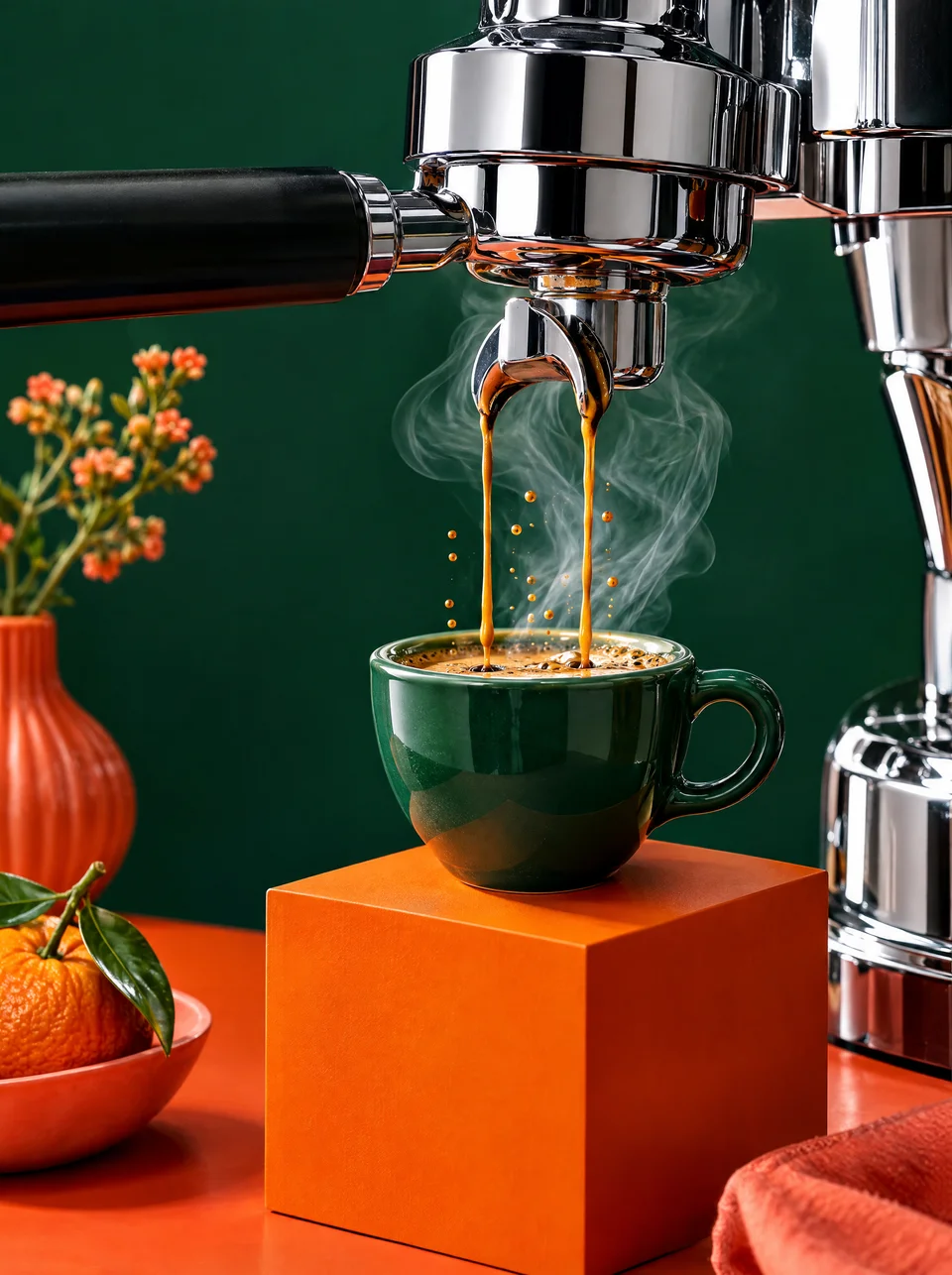 Espresso spływające do zielonej filiżanki na morelowym podeście