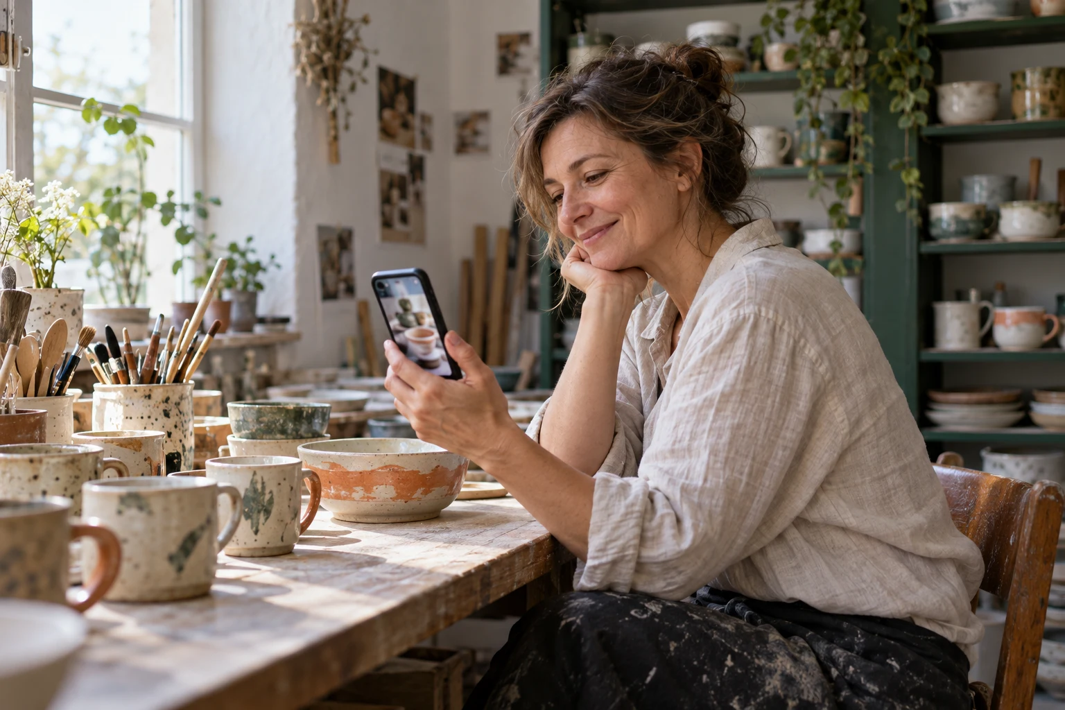 Ceramiczka ogląda na telefonie materiał pokazujący jej ręcznie wykonane naczynia.